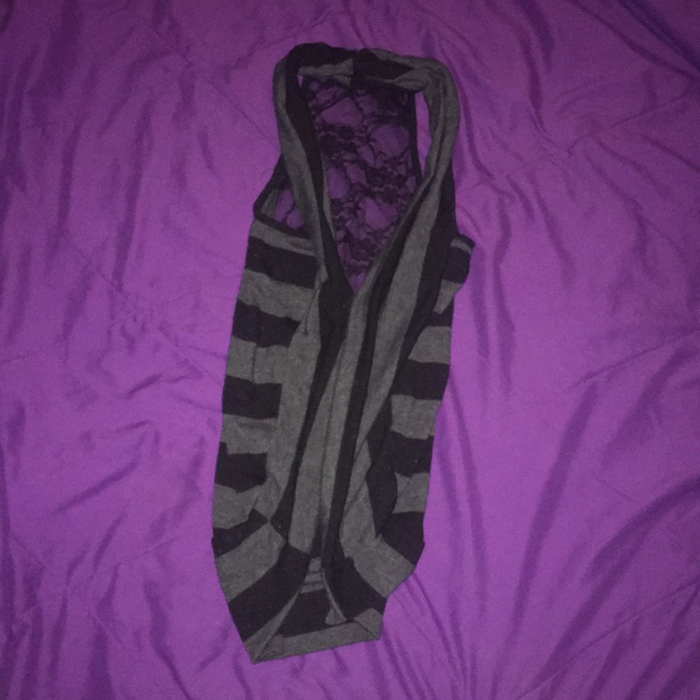 Black and grey long vest with lace detail